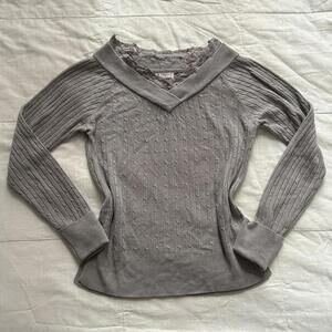 Axes Femme cozy Grey long sleeve sweater with v neck and lace trim Size medium